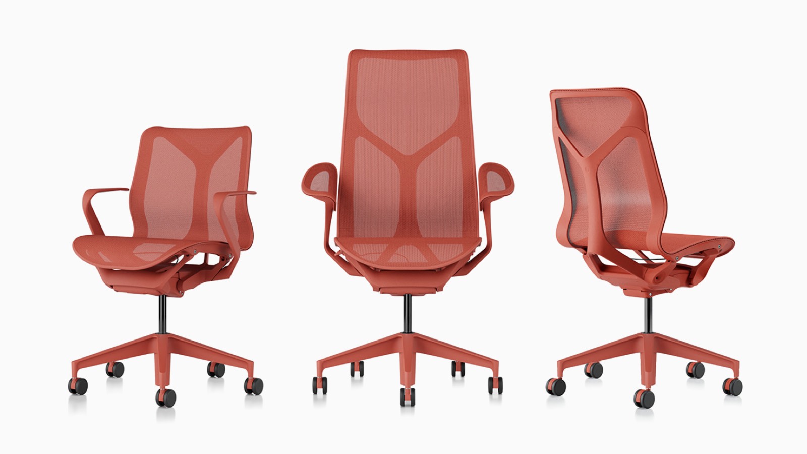 低背，高背和中后Cosm符合人体工程学的桌椅，悬挂材料，底座和Canyon红色框架。