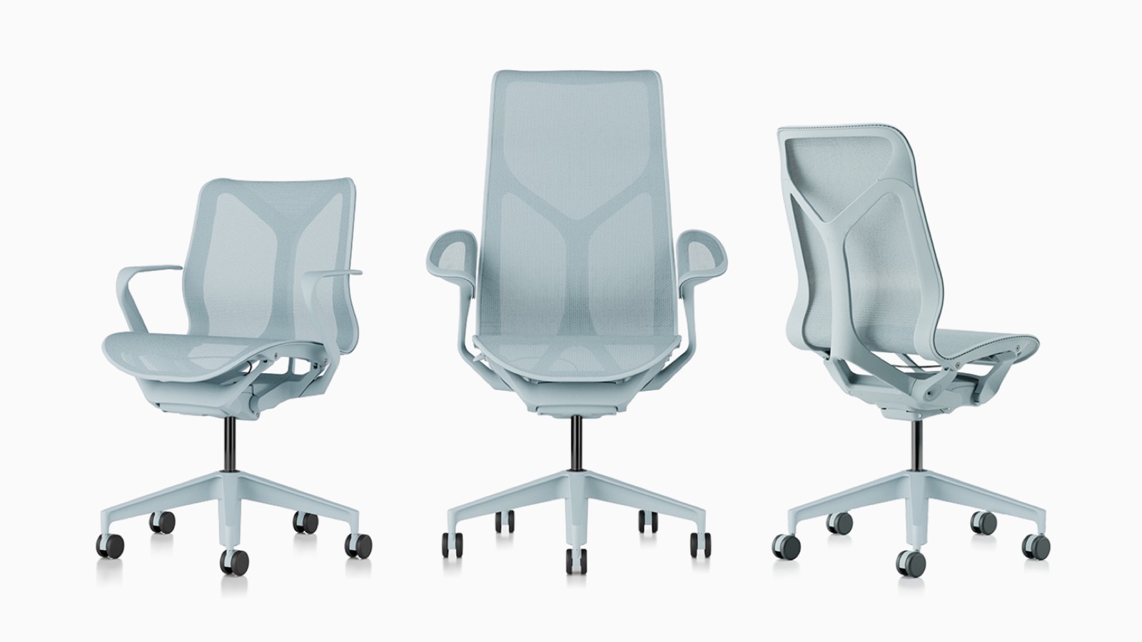 低背，高背和中后Cosm符合人体工学的桌椅，悬挂材料，底座和Glacier浅蓝色框架。