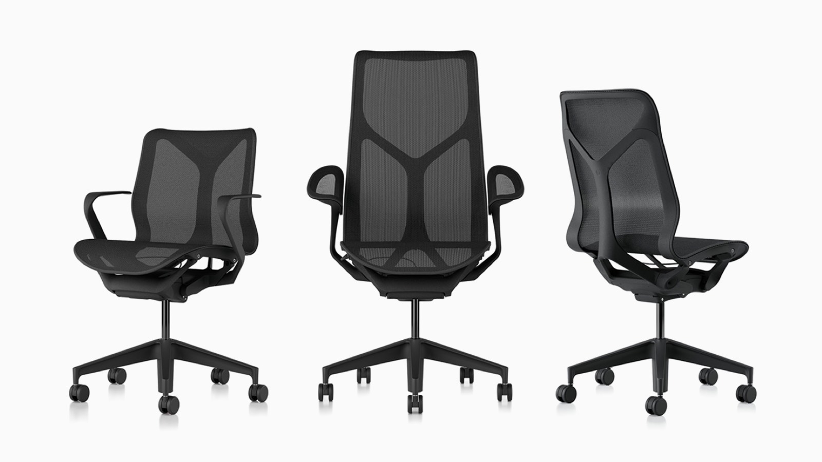 低背，高背和中后Cosm符合人体工程学的桌椅，悬挂材料，底座和Graphite深灰色框架。