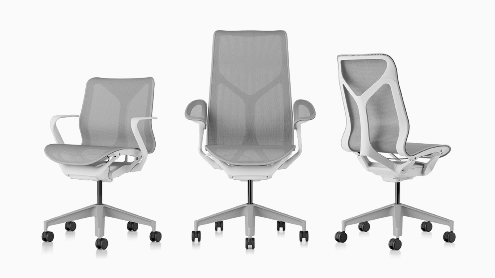 低背，高背和中后Cosm人体工学桌椅，Studio White底座和框架，Mineral浅灰色悬挂材料。